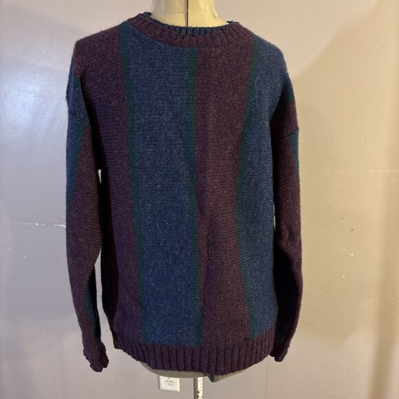 Vtg Mens Woolrich Sweater 85% Wool Blue/Green/Maroon Vertical Wide Stripes Sz M - Picture 1 of 7